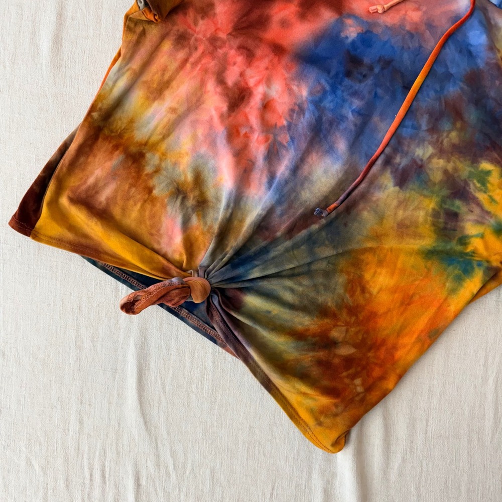 Madrag Tie Dye Short Sleeve Hoodie Multi Color Front Tie Crop Top Small - Picture 8 of 10